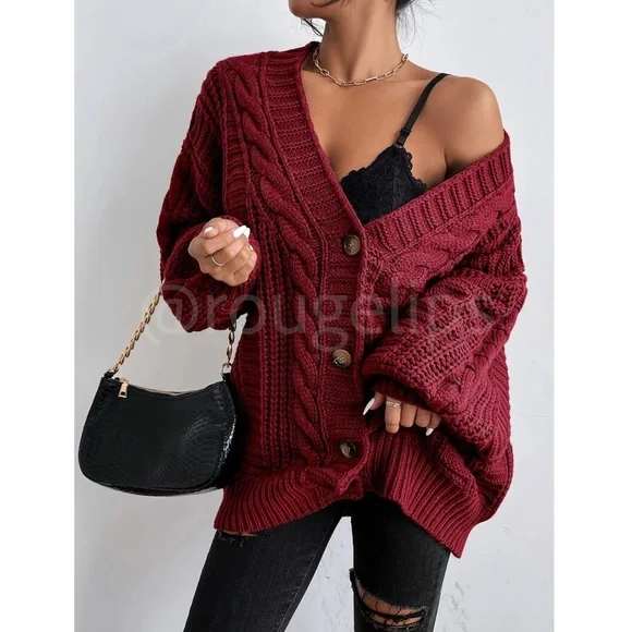 Oversized Burgundy Cable Knit Cardigan Long Sleeves Hip Length Buttoned - Picture 4 of 11